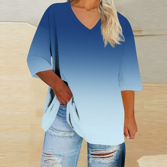 EchfiProm Plus Size Tops for Womens Light Blue Elegant Comfort Gradient 3/4 Sleeve Loose V Neck Shirts