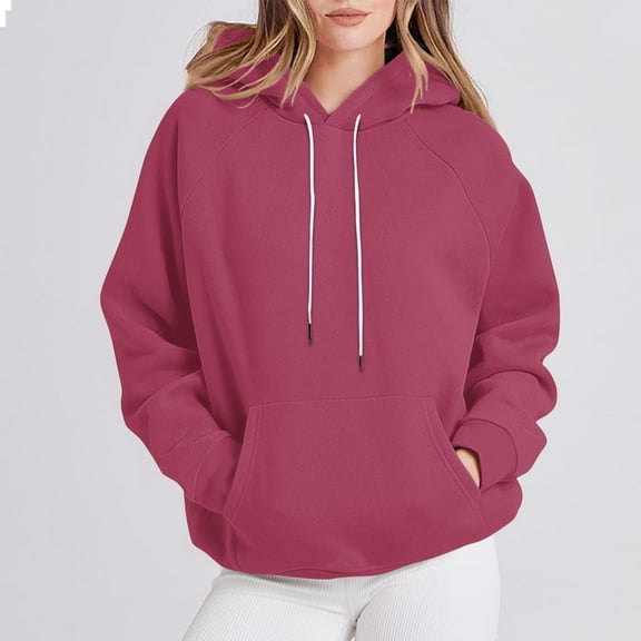 EchfiProm Pullover Sweatshirts Women Fall Hot Pink Hooded Long Sleeve Solid Color Outfits Pocket Drawstring Sweatshirt