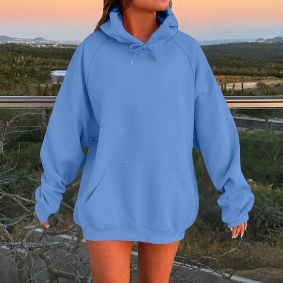 EchfiProm Pullover Women Long Sweatshirts Winter Light Blue Hooded Solf Pocket Solid Color Long Sleeve Hoodie