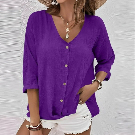 EchfiProm Purple Button down Tops Women Summer Casual Solid V Neck Long Sleeve Relaxed Fit Shirts