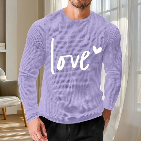 EchfiProm Purple Graphic Tees for Men Long Sleeve Valentine Shirts Waffle Graphic Basic Adults Tops 5XL