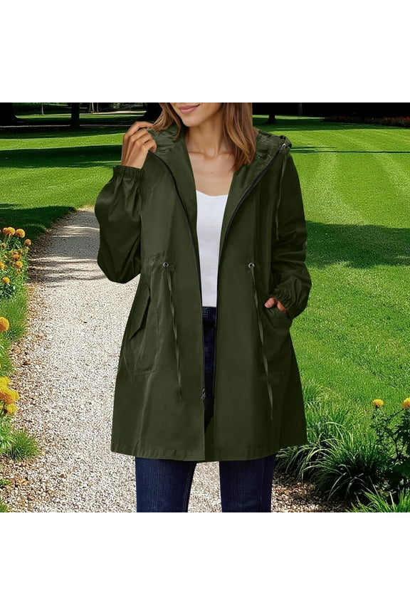 Rain Jacket for Women Waterproof with Hood Windproof Army Green Winter Multipocket Hooded Zip-up Outwear