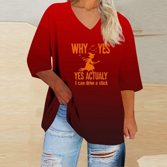 EchfiProm Red Casual Shirts for Women Plus Size 3/4 Sleeve Pullover V-Neck Relaxed Fit Y2k Graphic Blouse