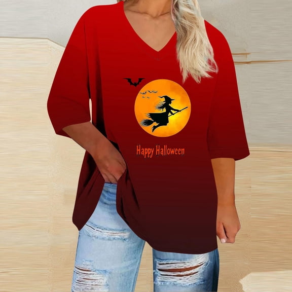 EchfiProm Red Funny Shirts for Women 3/4 Sleeve Plus Size Pullover V-Neck Loose Fit Business Casual Graphic Tops