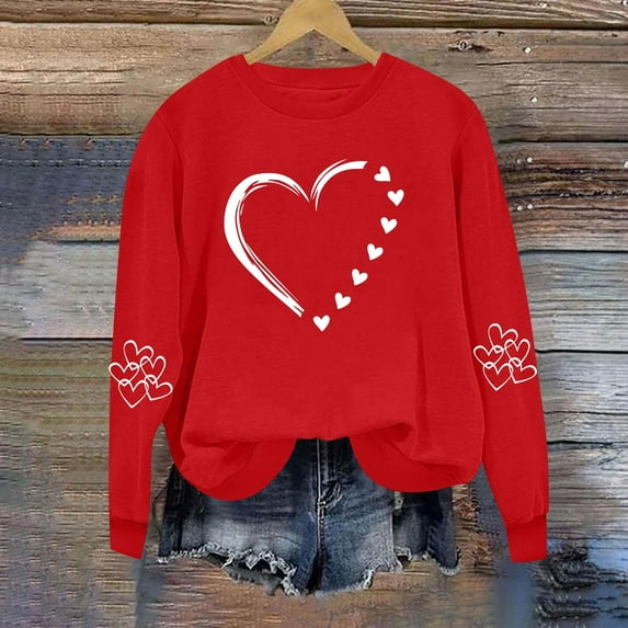 EchfiProm Red Sweatshirts for Women Valentine Pullover Graphic Oversized Long Sleeve Crewneck Heart Adults Shirs