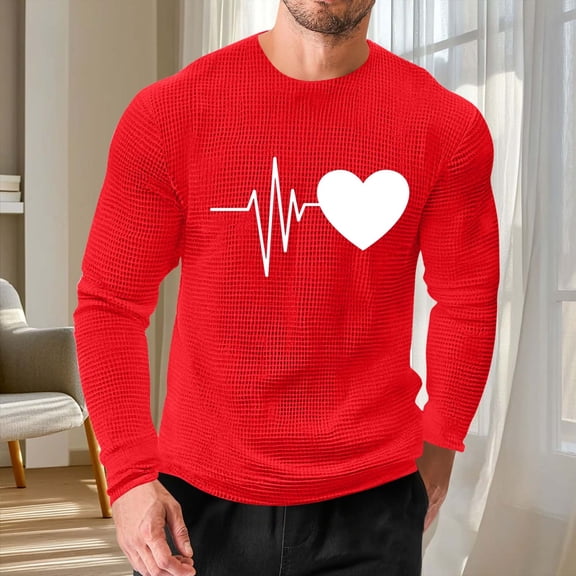 EchfiProm Red T shirts for Men Shirts Valentine Summer Waffle Graphic Big and Tall Mens Tops Long Sleeve 2XL
