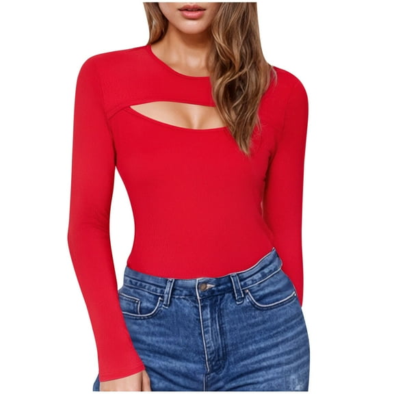 EchfiProm Red Tops for Women Pullover Plain Trendy Slim Fit Crew Neck Womens T-Shirt Long Sleeve