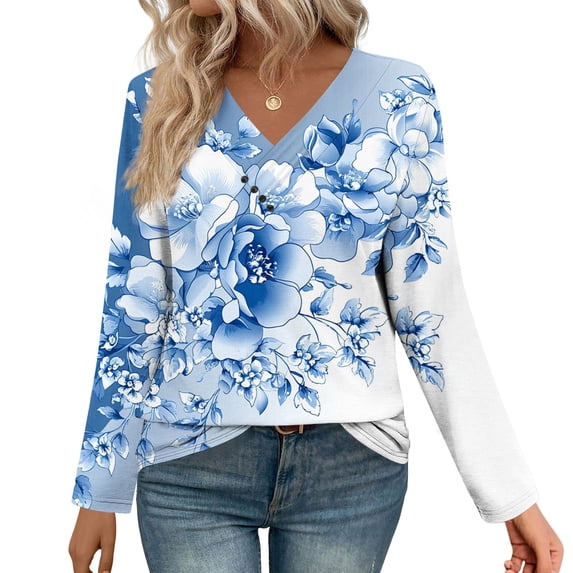EchfiProm Relaxed Fit Tops for Women V-Neck Fall Long Sleeve Floral Ladies T-Shirt Light blue