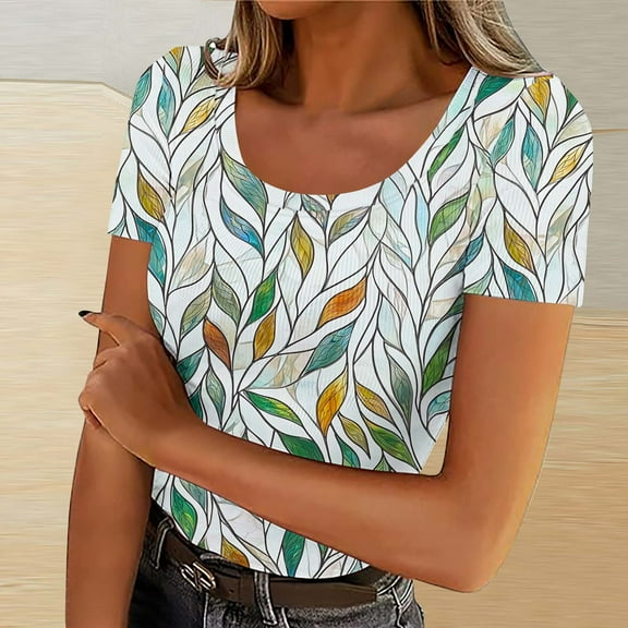 EchfiProm Ribbed Knit Tops for Women Green Vacation 2024 Slim Fit Crew Neck Leaf Print Soft Short Sleeve Blouses 2XL