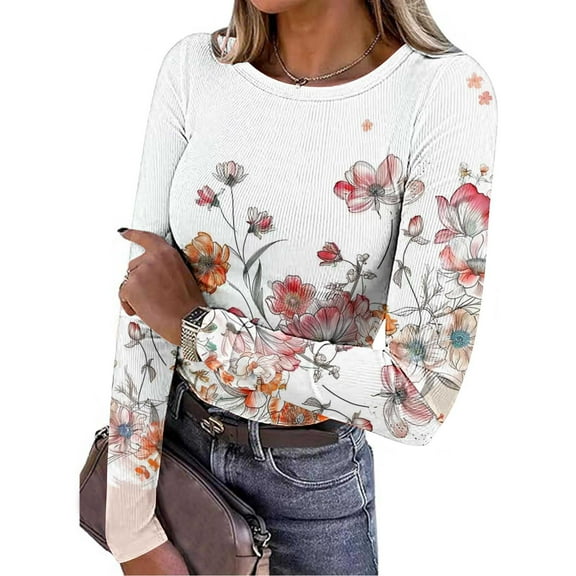 EchfiProm Ribbed Tops for Women Long Sleeve Khaki Fall Floral Ladies T-Shirt Crew Neck