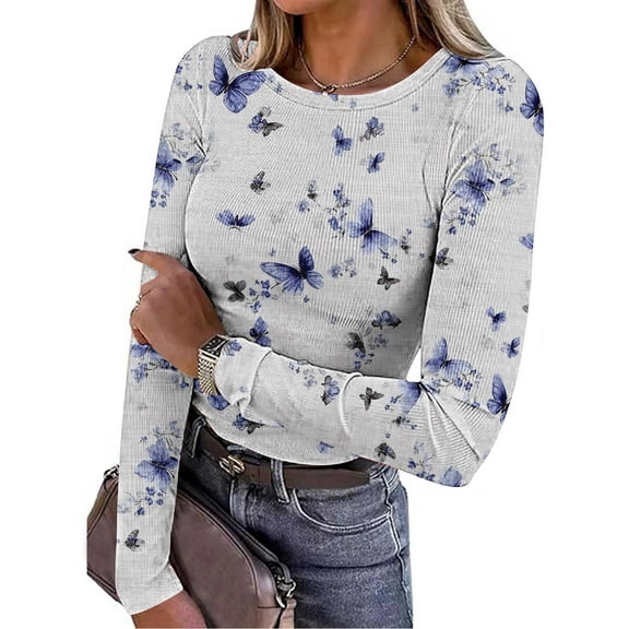 EchfiProm Ribbed Tops for Women Trendy Sky Blue Slim Crew Neck Long Sleeve Floral Ladies T-Shirt