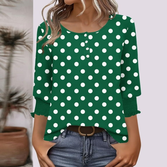 EchfiProm Shirts for Women 3/4 Sleeve Green Pullover Loose Fit Casual Crew Neck Polka Dot Tops
