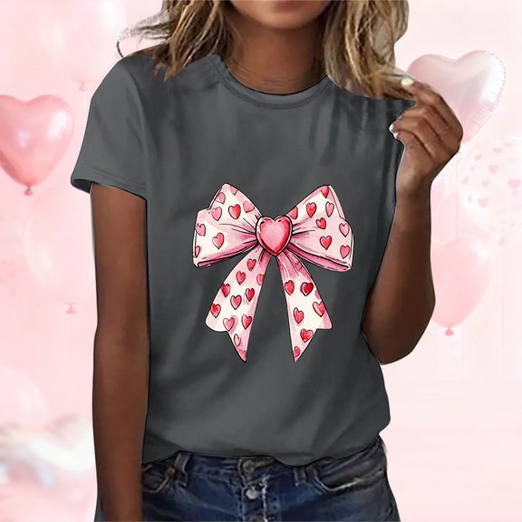 EchfiProm Shirts for Women Bow Print Valentine Day Valentine Graphic Tee Basic Short Sleeve Ladies Plus Size Tops