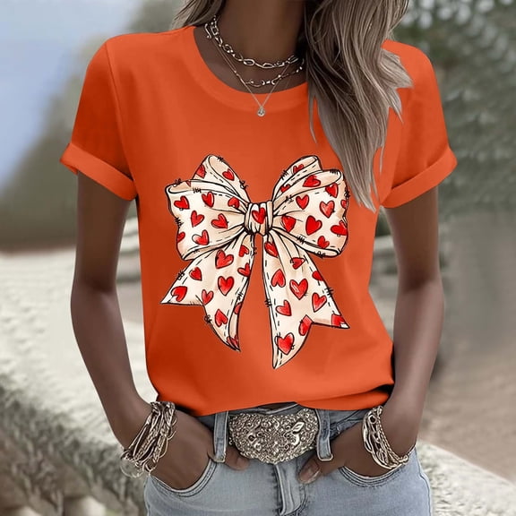 EchfiProm Shirts for Women Graphic Tee Valentine Day Basic Valentine Bow Print Cute Womens Tops