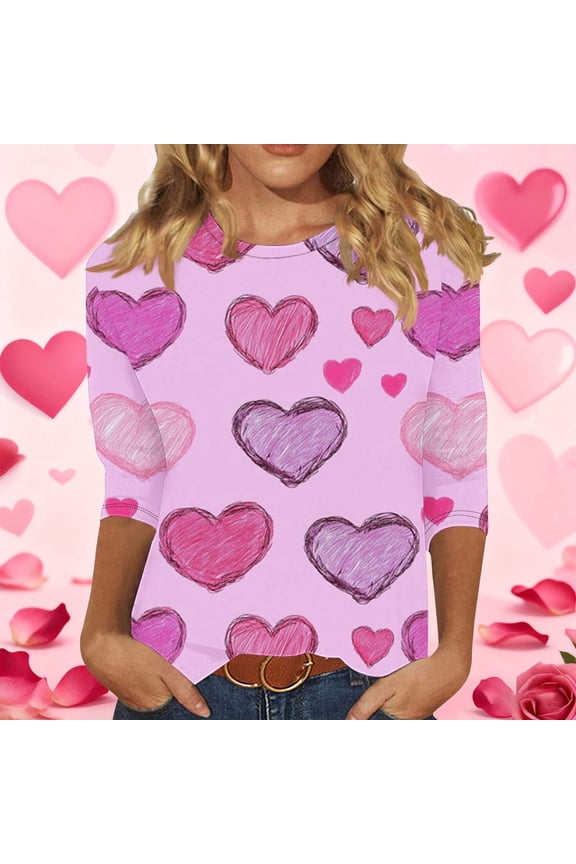 Shirts for Women Heart Printed Graphic Tees Valentines Day Romantic Gifts Plus Size Pink Ladies Tops