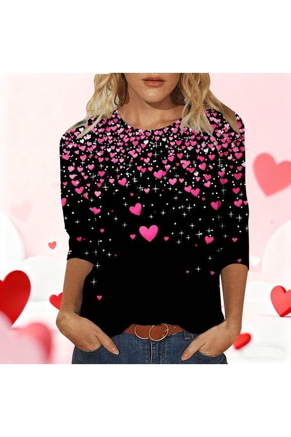 Shirts for Women Heart Printed T-Shirt Valentine Valentines Day Casual Plus Size Romantic Womens Top