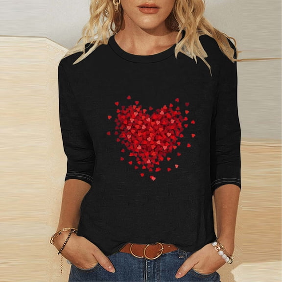 EchfiProm Shirts for Women Love Heart Valentines Day T-Shirt Casual Black 3/4 Sleeve Romantic Ladies Top