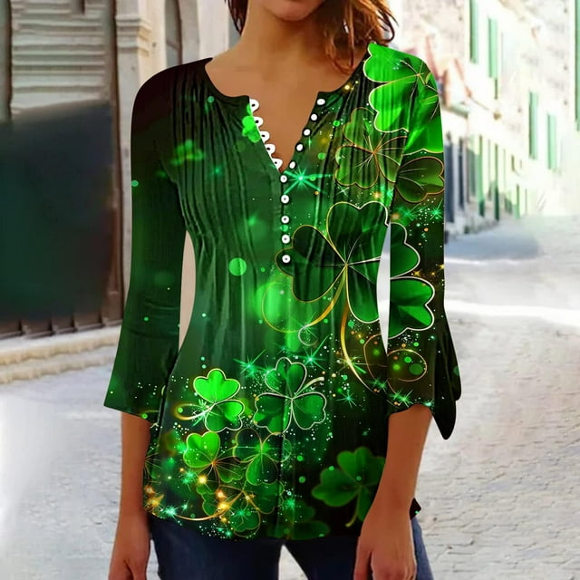 Echfiprom Shirts For Women St Patricks Day 3 4 Sleeve Pullover Shamrock