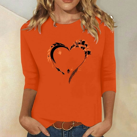 EchfiProm Shirts for Women Trendy 3/4 Sleeve Orange Pullover Loose Fit Crew Neck Graphic Fashion Shirts
