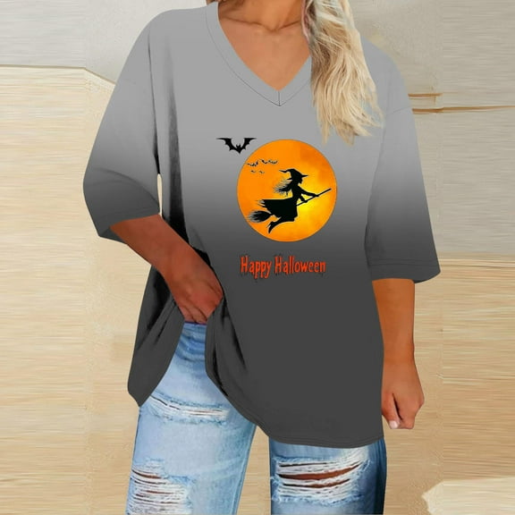 EchfiProm Shirts for Women Trendy Plus Size Black 3/4 Sleeve Pullover V-Neck Graphic Summer Loose Fit Tops