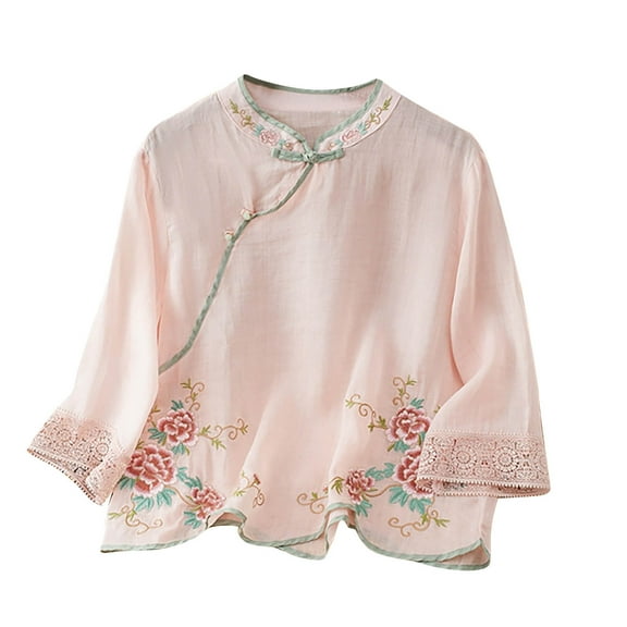 EchfiProm Shirts for Women V-Neck Pink 3/4 Sleeve Pullover Cotton Linen Loose Fit Fall Embroidered Flowers Blouse