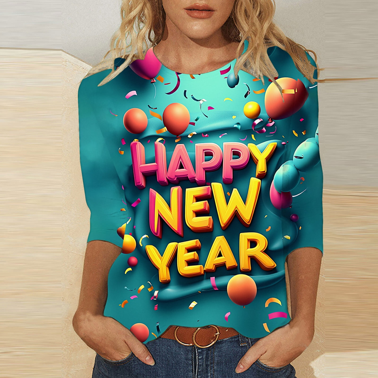 EchfiProm Shirts for Women Valentine 3/4 Sleeve Holiday Happy New Year