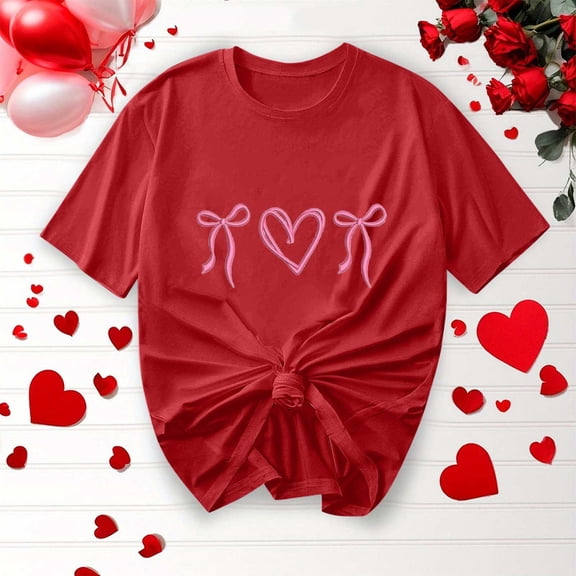 EchfiProm Shirts for Women Valentine Day Graphic Tee Bow Print Valentine Short Sleeve Casual Cute Ladies Tops