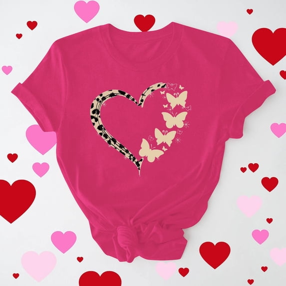 EchfiProm Shirts for Women Valentine Day Graphic Tee Valentine Casual Cute Hot Pink Short Sleeve Ladies Tops Love Heart