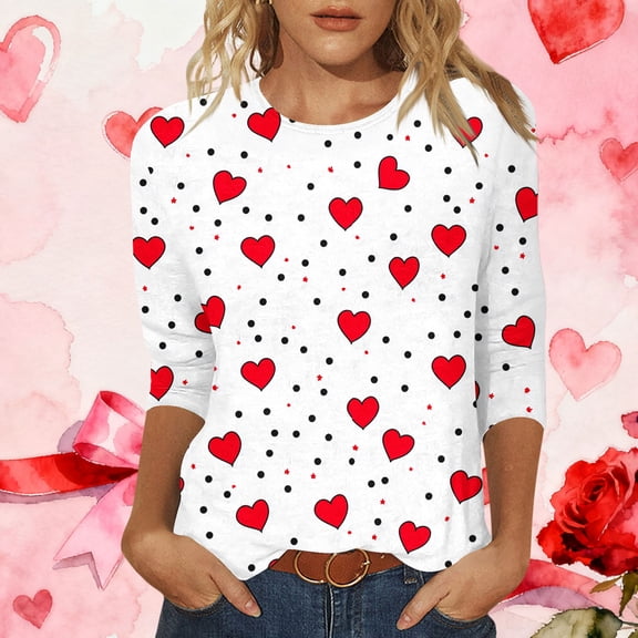 EchfiProm Shirts for Women Valentine Graphic Tees White 3/4 Sleeve Casual Heart Printed Valentines Day Womens Tops