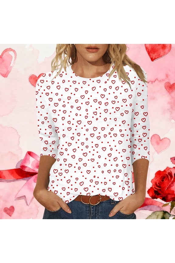 Shirts for Women Valentine T-Shirt Heart Printed Plus Size Cute White Womens Top Valentines Day