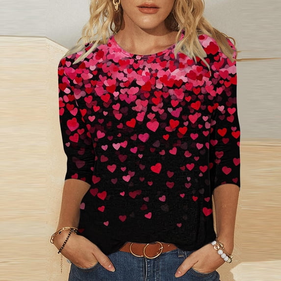 EchfiProm Shirts for Women Valentine T-Shirt Valentines Day Gifts 3/4 Sleeve Love Heart Ladies Top Multicolor