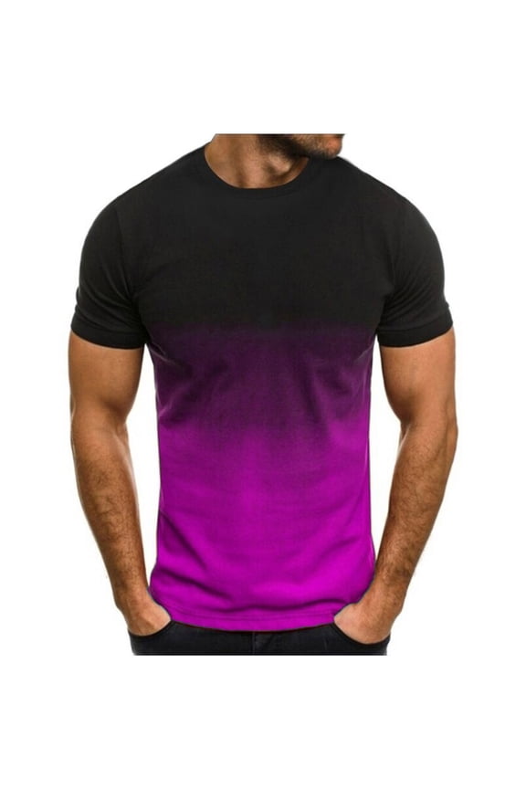 Short Sleeve Mens Shirts With Pockets Crew Neck Purple Gradient Color T-Shirts 3XL