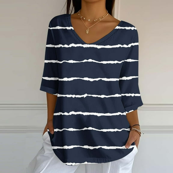 EchfiProm Short Sleeve Tops Women V Neck Summer Navy Fanshion V Neck Striped Loose Blouse