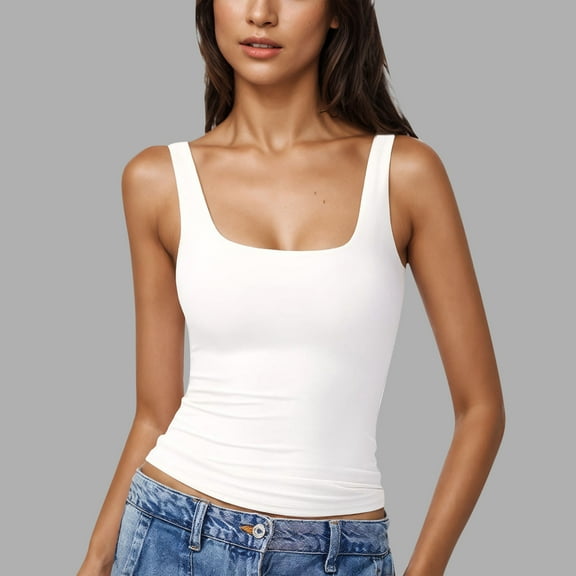 EchfiProm Sleeveless Tops for Women Slim White T-Shirts Square Neck Trendy Solid Pullover Ladies