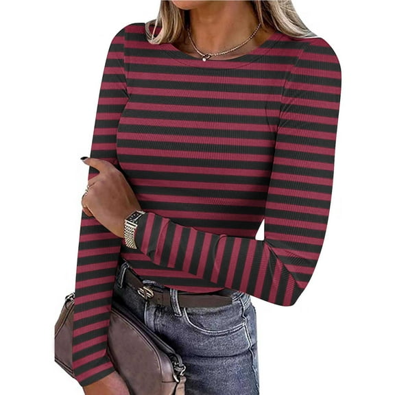 EchfiProm Slim Tops for Women Fall Long Sleeve Ribbed Striped Crew Neck Ladies T-Shirt