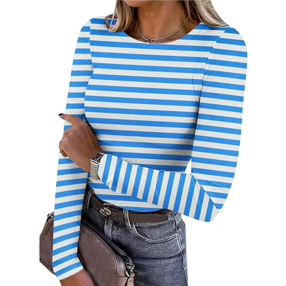 EchfiProm Slim Tops for Women Ribbed Light blue Long Sleeve Fall Striped Womens T-Shirt Crew Neck
