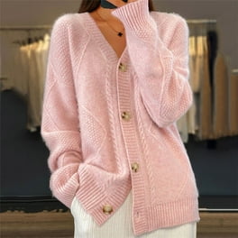 Honeeladyy Women s Cable Knit Cardigan Long Sleeve Open Front Button Down Knitwear Sweater Coat Pink L Walmart