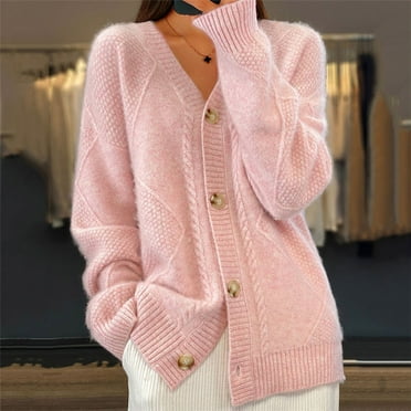 EchfiProm Soft Sweaters for Women 2023,Long Sleeve Solid Color V-neck Button Down Cable Knit Pink Cardigan Sweater