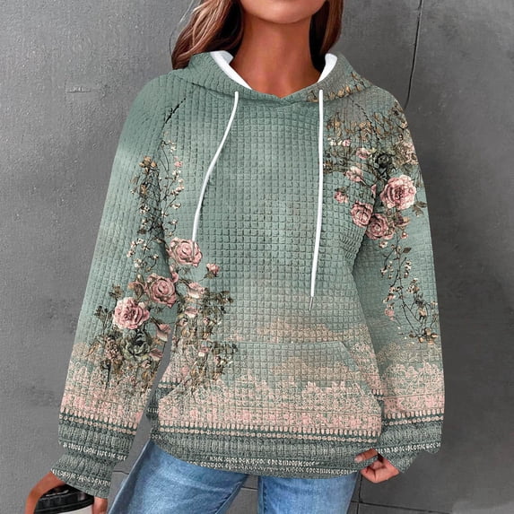 EchfiProm Soft Sweatshirt for Womens Pullover Waffle Hoodies with Pockets Green Hooded Long Sleeve Floral Ladies Tops
