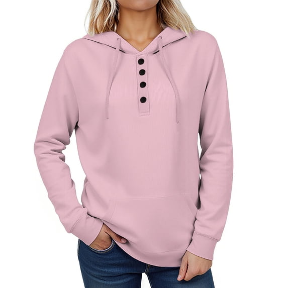EchfiProm Soft Sweatshirts for Womens Pink Hoodies Ribbed with Pockets Hooded Pullover Long Sleeve Womems Tops Plain
