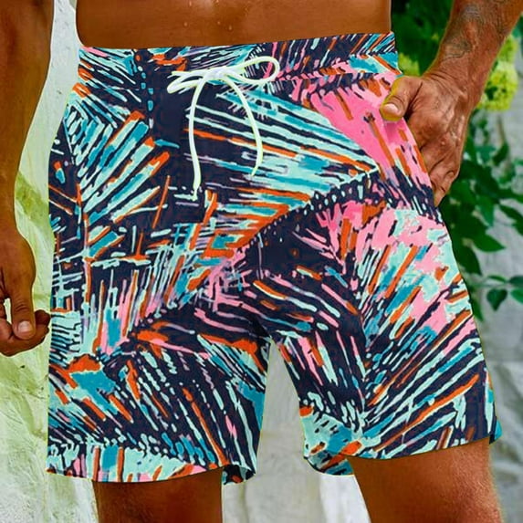 EchfiProm Sports Shorts for Men Soccer Multicolor Elastic Waist Shorts Hawaiian Style Sports Running Fitness Beach Shorts L