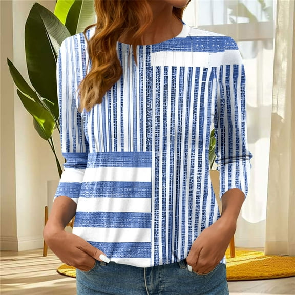 EchfiProm Striped Shirts for Women 3/4 Sleeve Blue Pullover Loose Fit Business Casual Crew Neck Shirts