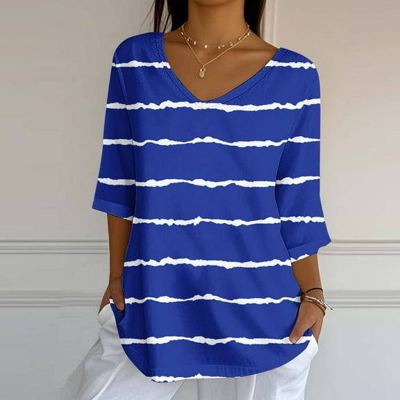 EchfiProm Striped Tops Womens Boho Blue V Neck Trendy Cotton Linen Relaxed Fit Short Sleeve Shirts