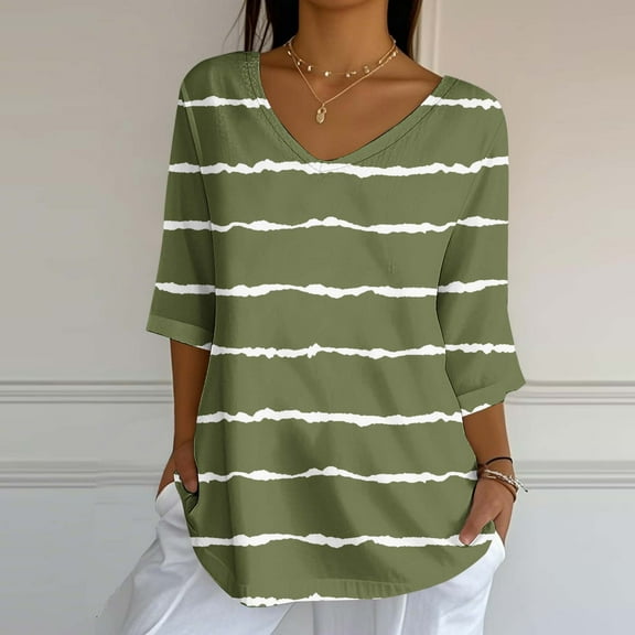 EchfiProm Striped Tops for Women Green V Neck Y2k Comfort Cotton Linen Classic Fit Short Sleeve Shirts