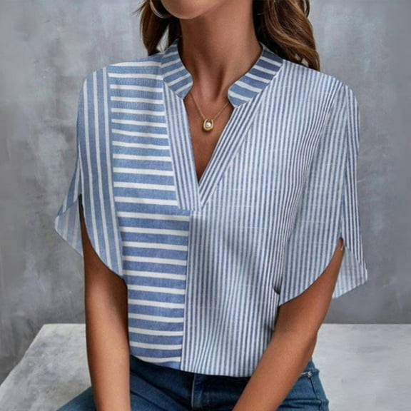 EchfiProm Striped Women Tops Blue Trendy Comfy Short Sleeve Classic Fit V Neck T Shirts