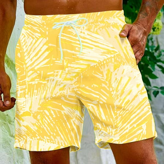 EchfiProm Summer Shorts for Men Yellow Elastic Waist Shorts Hawaiian Style Sports Running Fitness Beach Shorts M