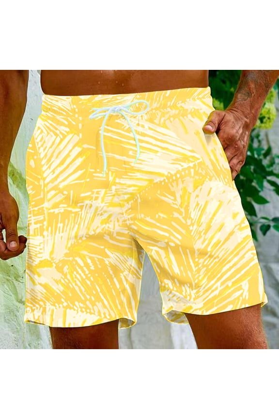 Summer Shorts for Men Yellow Elastic Waist Shorts Hawaiian Style Sports Running Fitness Beach Shorts M