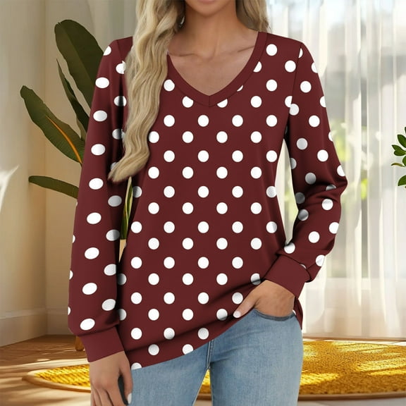 EchfiProm Summer Womens Tops Wine Casual Classic Fit V Neck Polka Dot Long Sleeve T Shirts