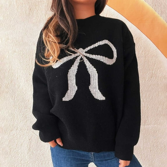 EchfiProm Sweater Women Winter Black Pullover Comfy Knit Long Sleeve Crew Neck Solid Bow Sweater Top L