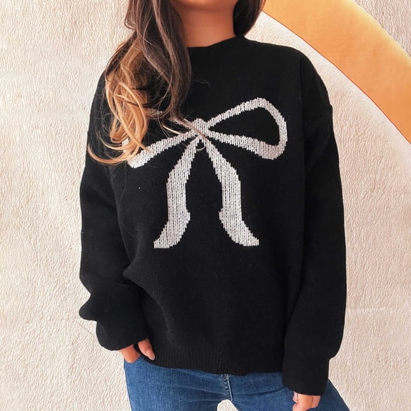 EchfiProm Sweater Women Winter Black Pullover Comfy Knit Long Sleeve Crew Neck Solid Bow Sweater Top L